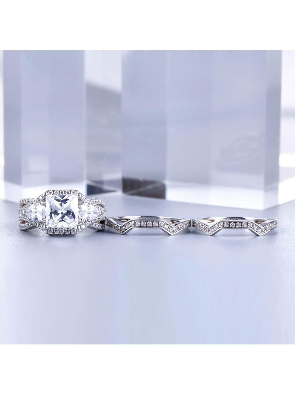 Julia Sterling Silver Brilliant Princess-Cut White Stone Silver-Bridal Ring Set - Picture 6 of 13
